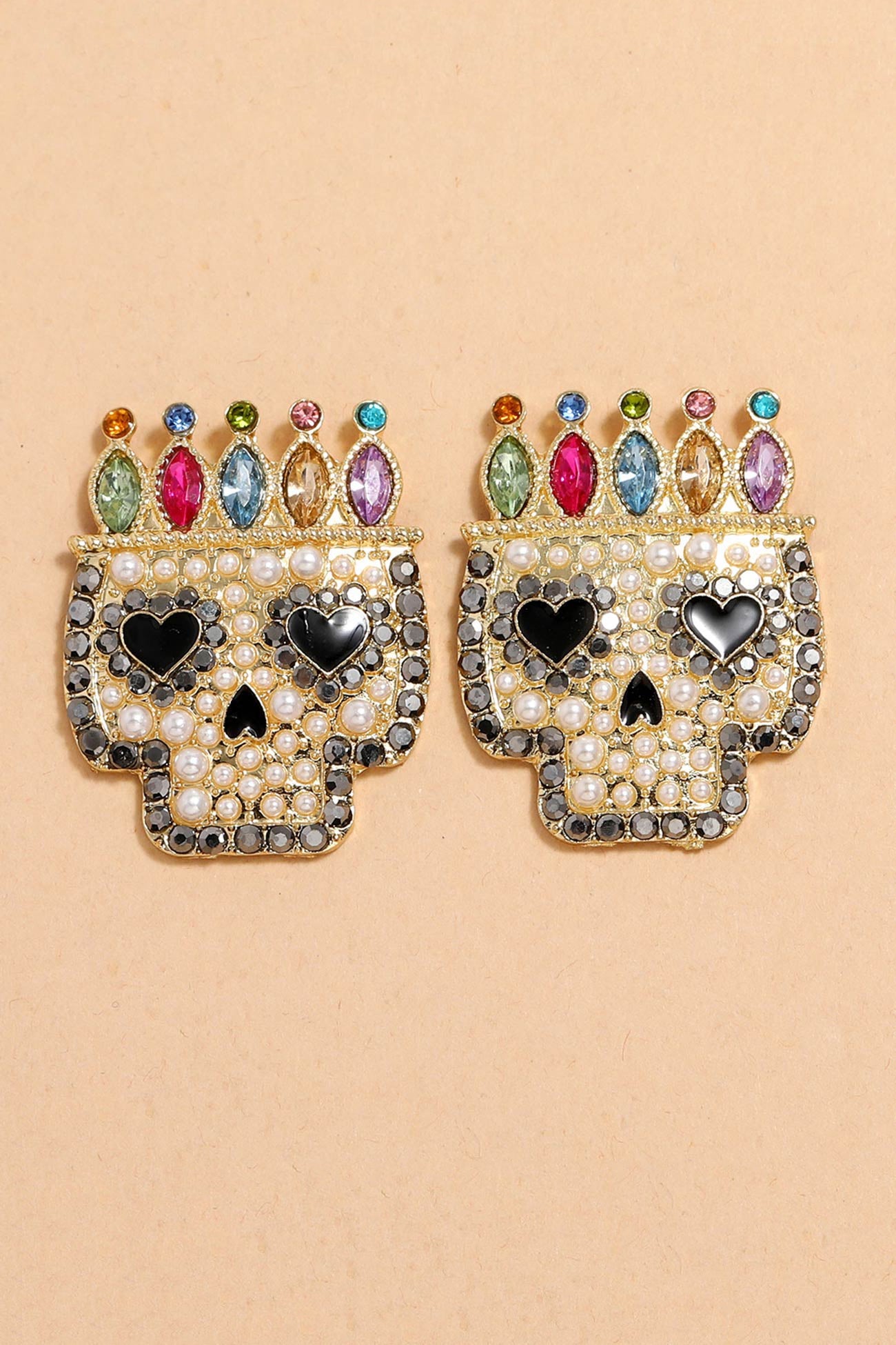 Colorful Rhinestone Pearl Skull Earrings