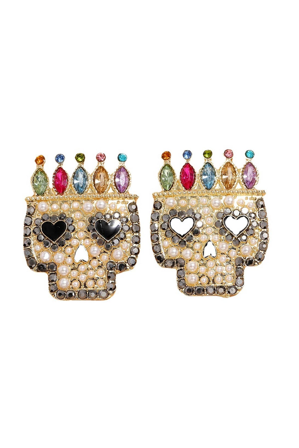 Colorful Rhinestone Pearl Skull Earrings