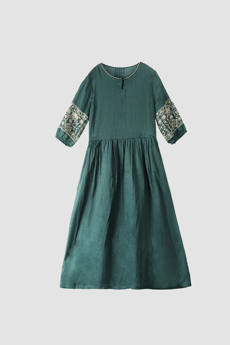 Emerald Embroidery Ramie Dress