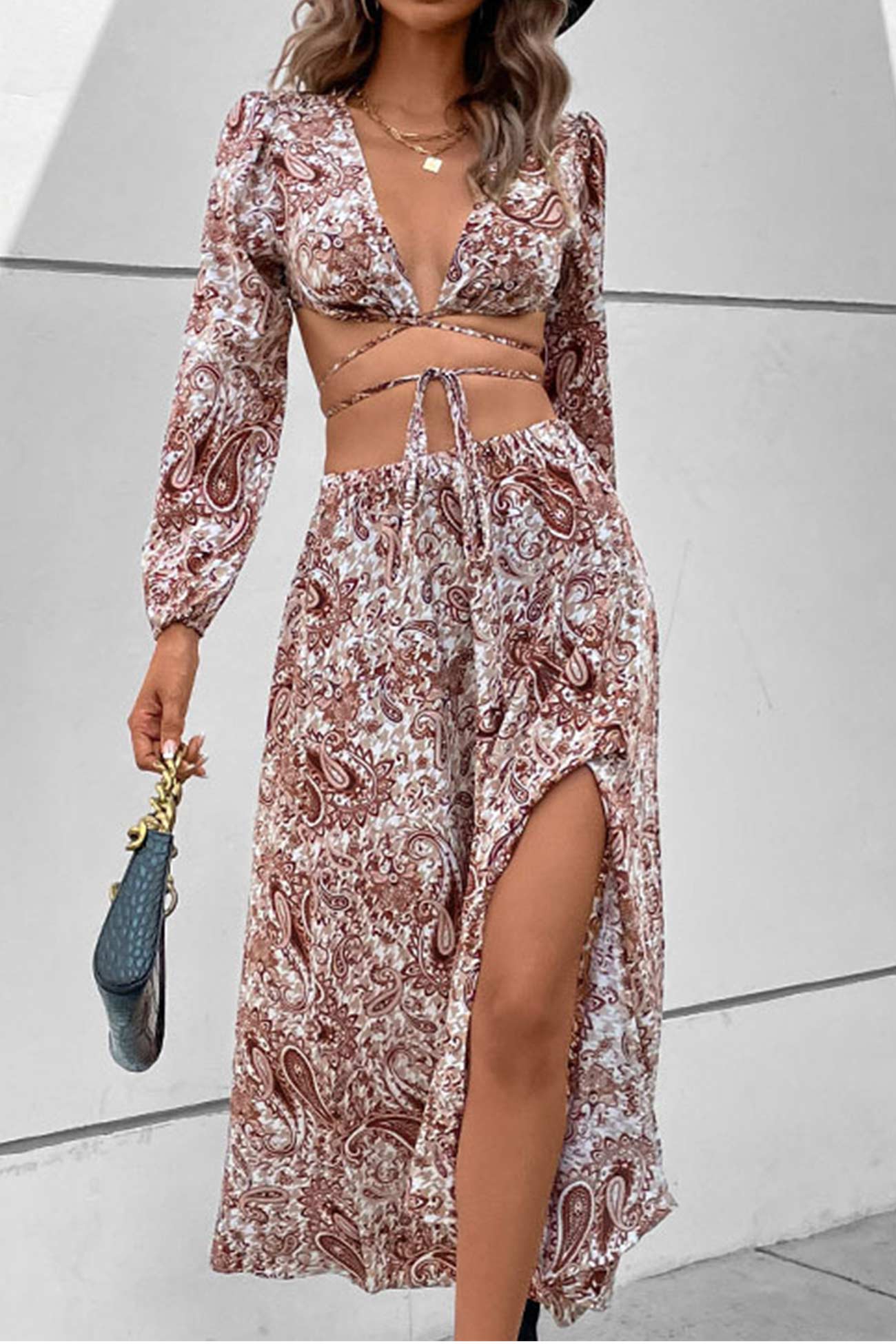 Floral Print Tie-up Crop Top Slit Midi Skirt Suits