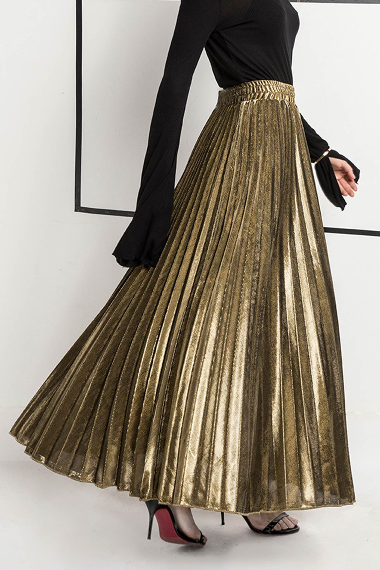 Glitter Pleated Midi Skirt