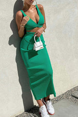 Green Twisted-front Tank Top Slit Midi Skirt Suits