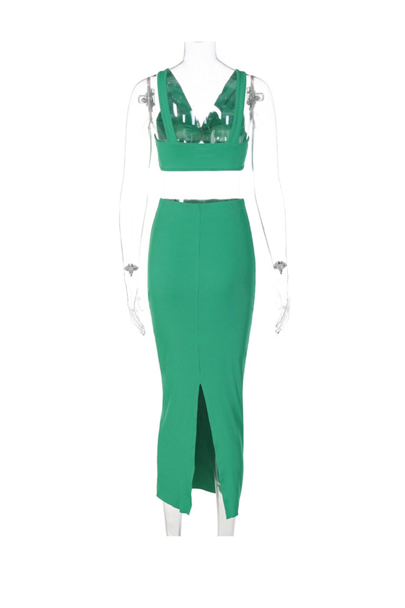 Green Twisted-front Tank Top Slit Midi Skirt Suits