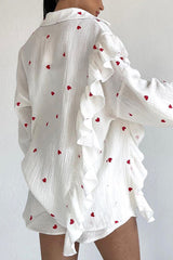 Heart Print Ruffle Long Sleeve Shirt Two Piece Shorts Set
