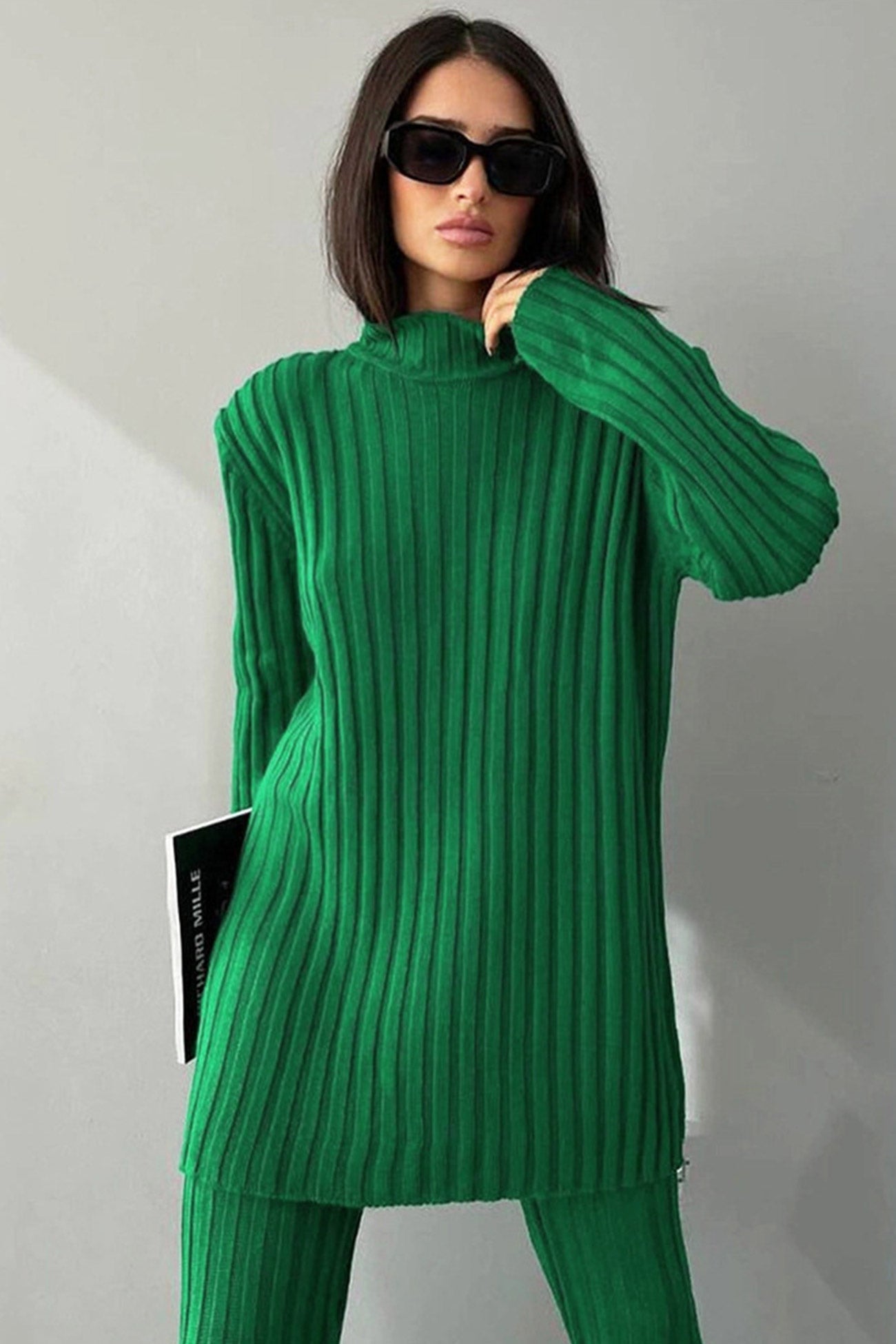 Turtleneck Ribbed Knitted Flare Pants Two-piece Set