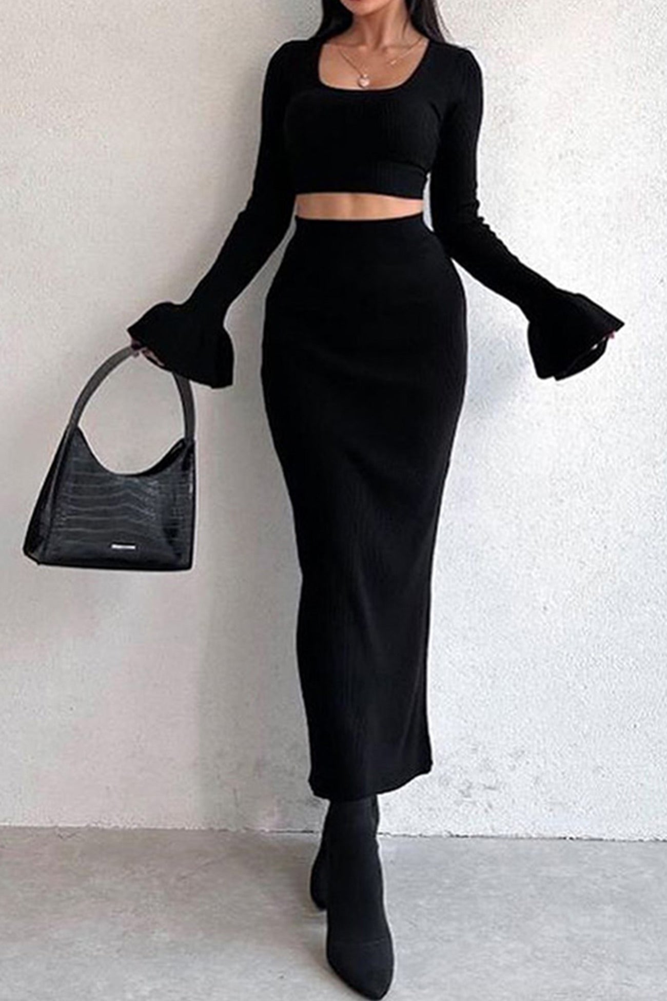 Knit Flares Sleeve Crop Top Midi Skirt Suits
