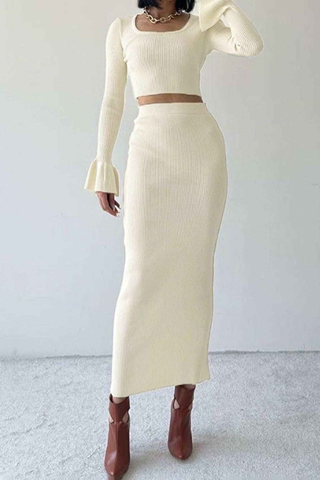 Knit Flares Sleeve Crop Top Midi Skirt Suits