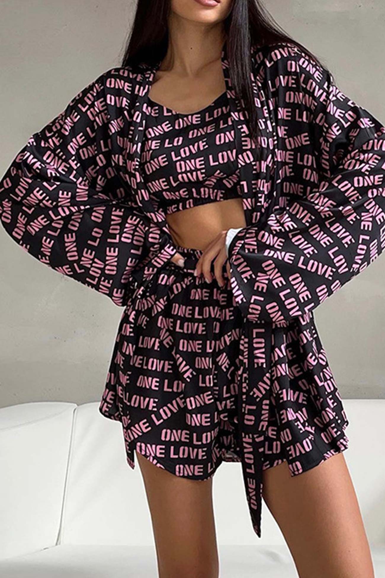 Letter Print Open Front Strappy Cardigan Vest Shorts Suits