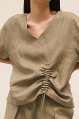 Linen V Neck Short Sleeve Drawstring T-shirt