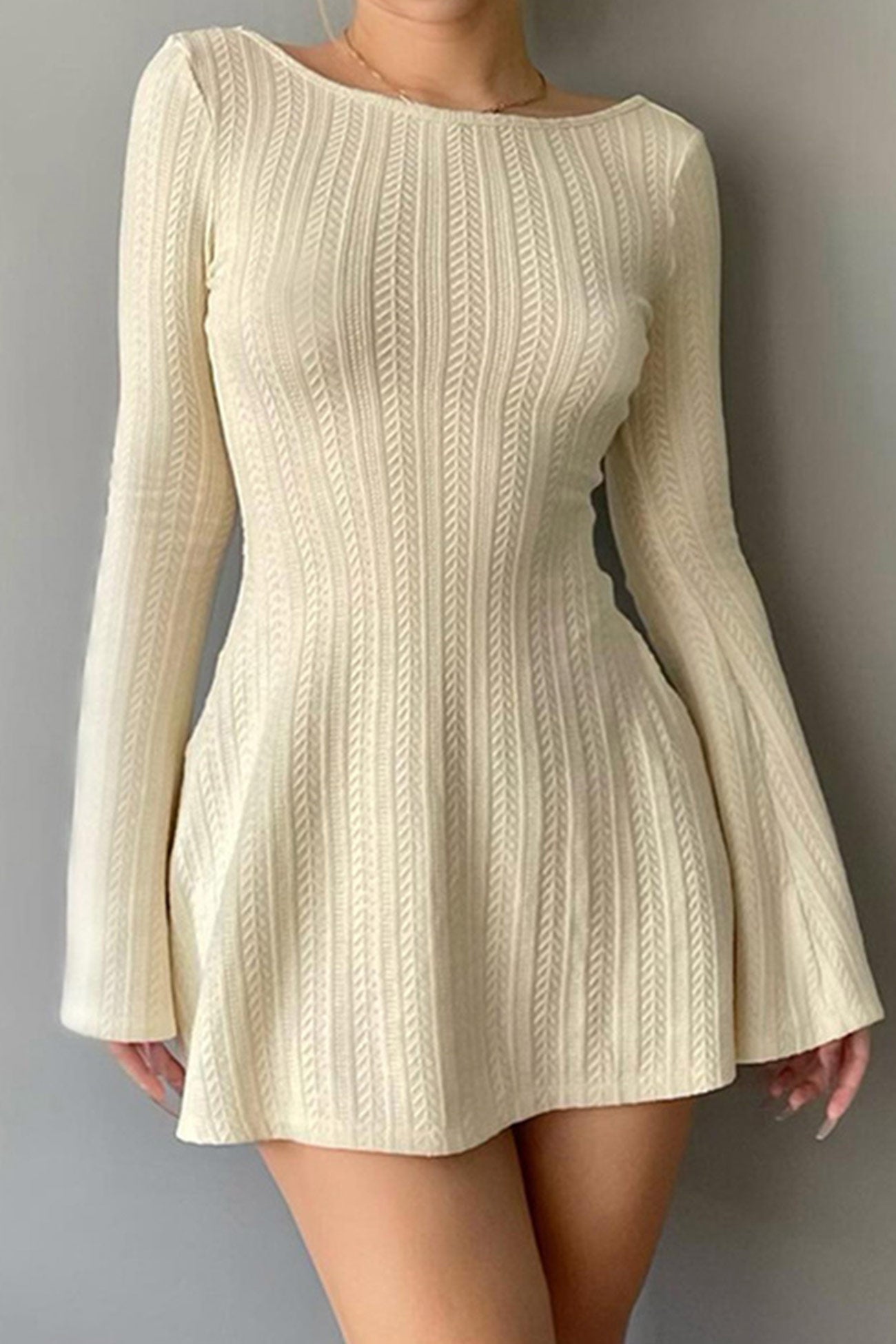 Long Flares Sleeve Backless Cable Knit Dress
