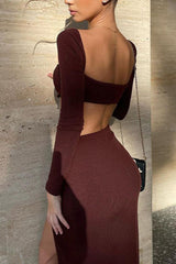 Long Sleeve Corset Crop Top Slit Midi Skirt Suits