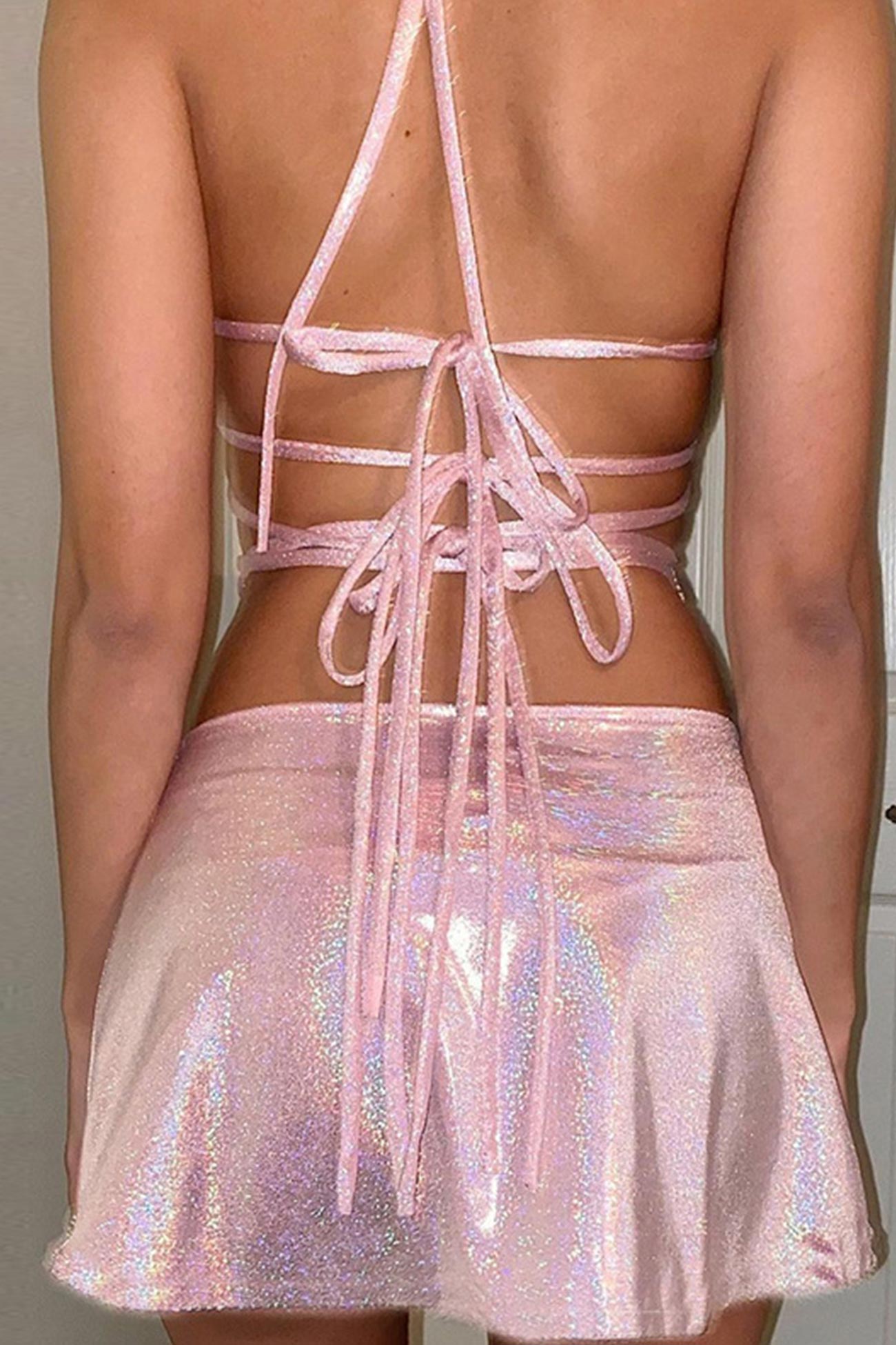 Pink Glitter Strappy Crop Top Skirt Suits