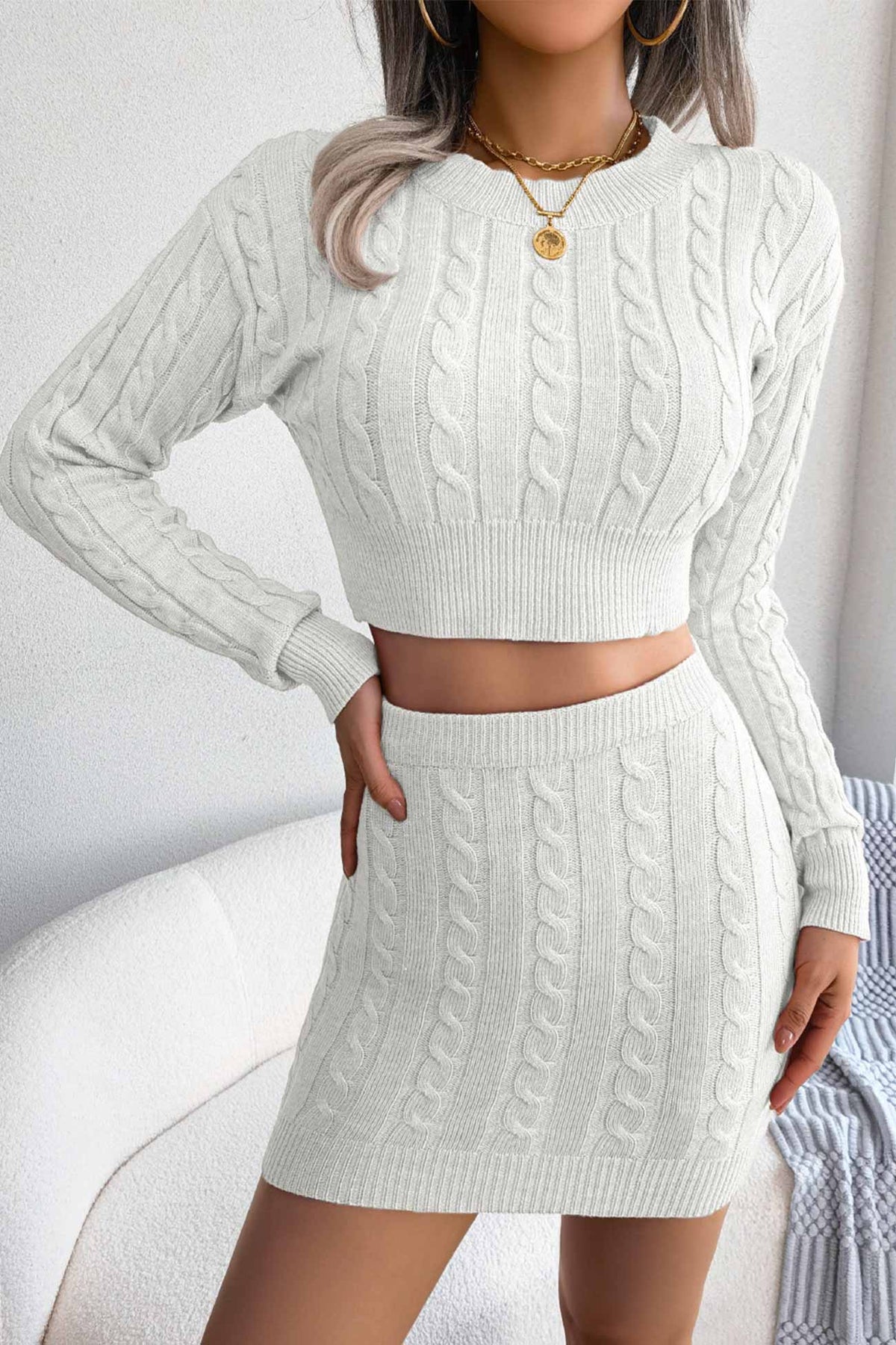 Solid Color Twist knitted Two-Piece Skirt Set