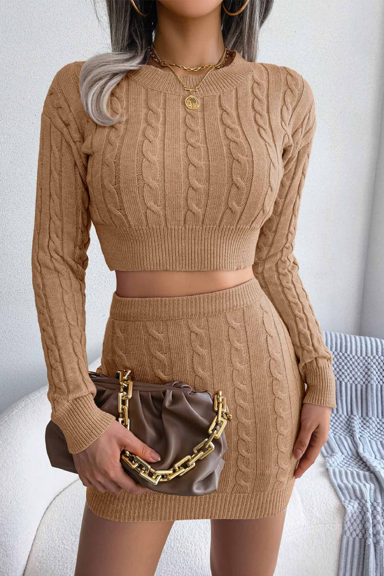Solid Color Twist knitted Two-Piece Skirt Set