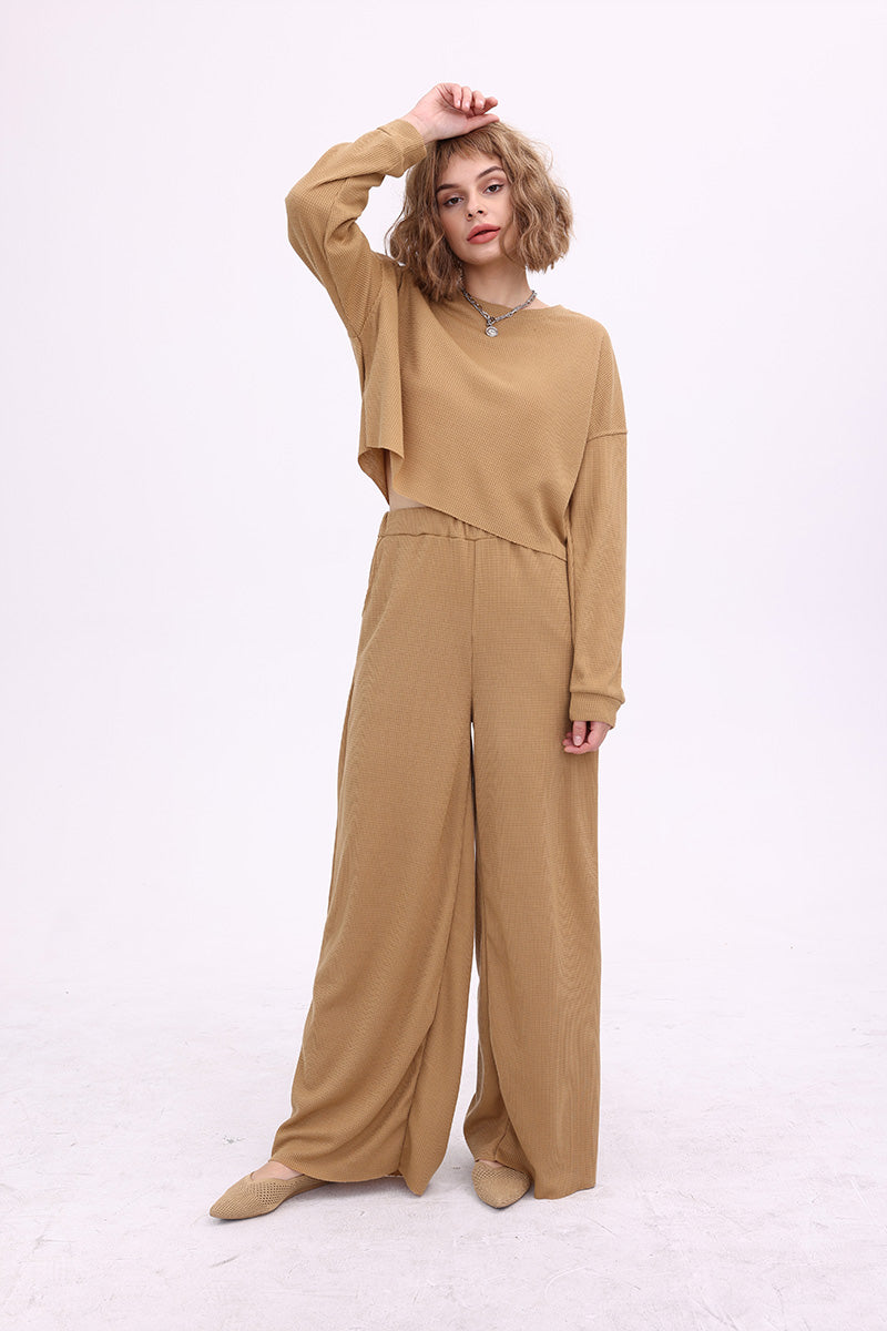 Waffle Solid Pullover Top & Knit Wide Pants