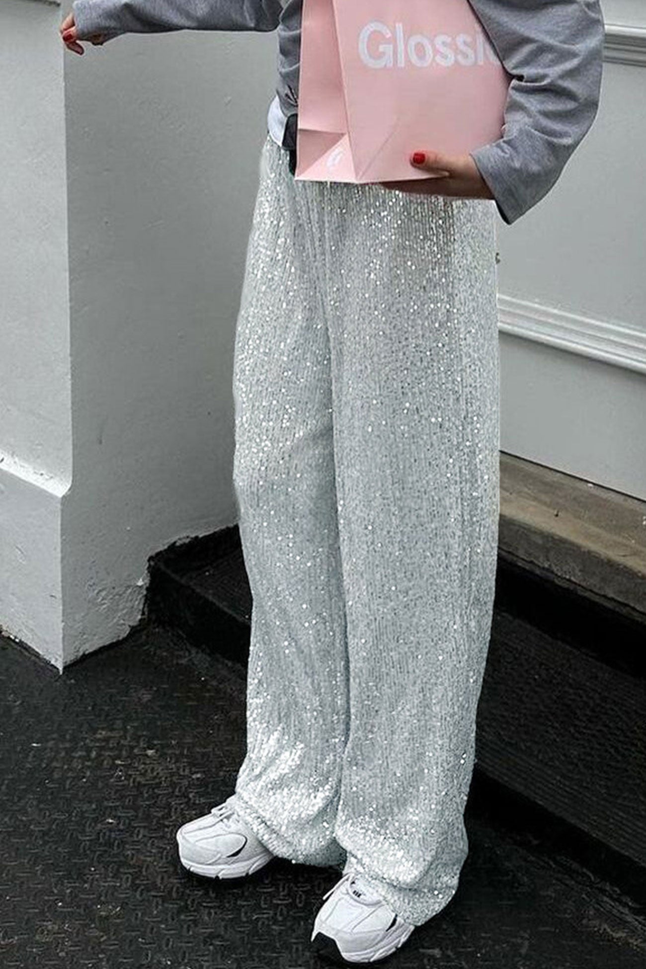 Solid Sequins Straight Long Pants