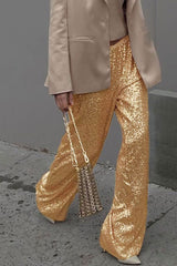 Solid Sequins Straight Long Pants