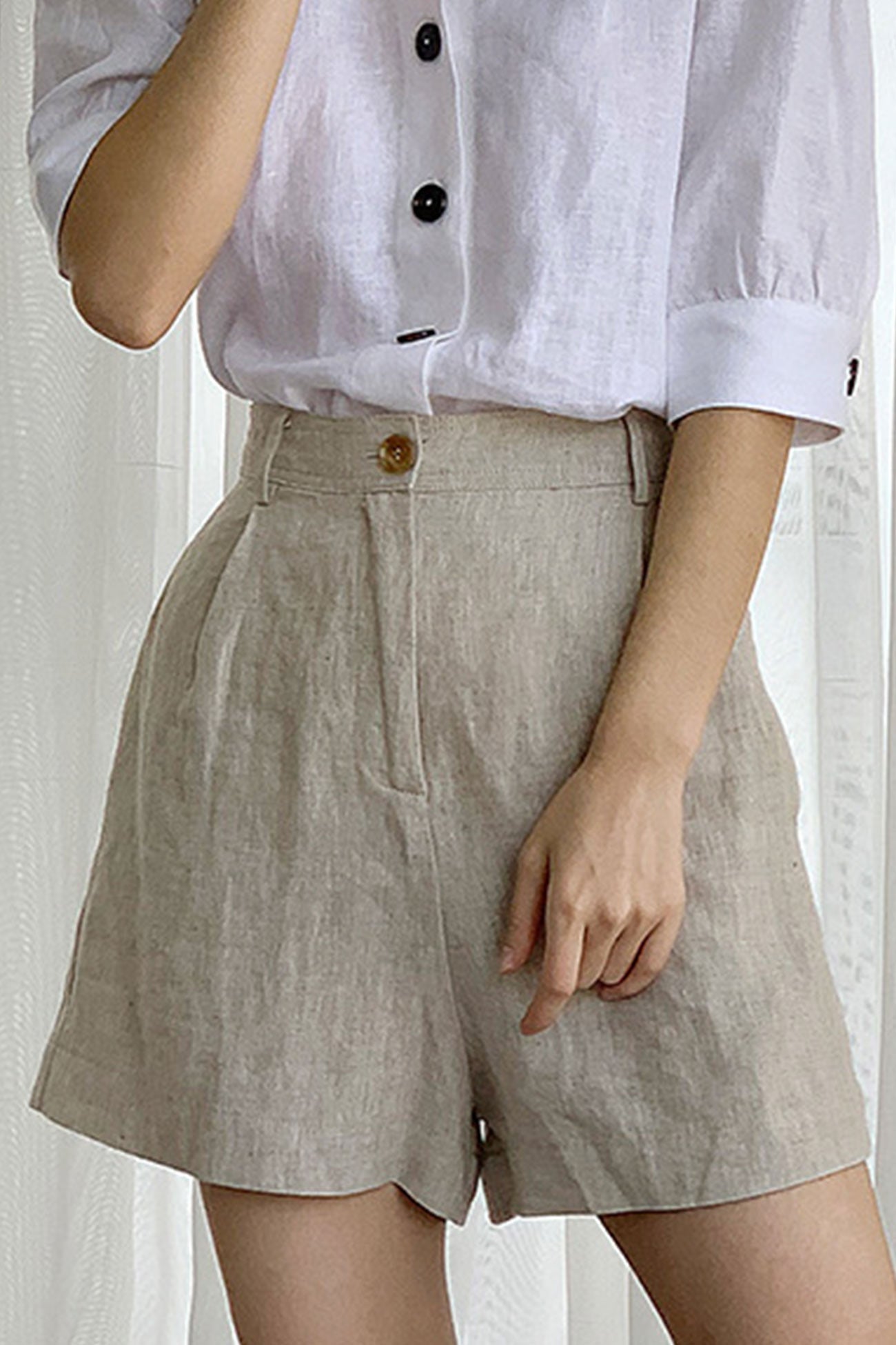 Solid Linen High Waist Shorts
