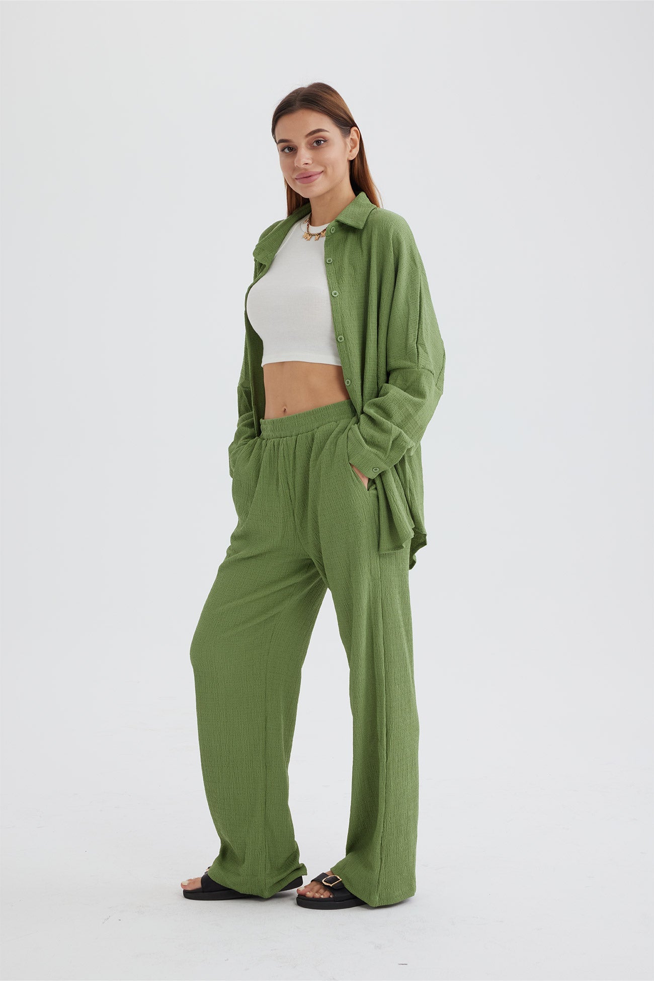 Two Piece Solid Color Long Sleeve Shirt Long Pants Set