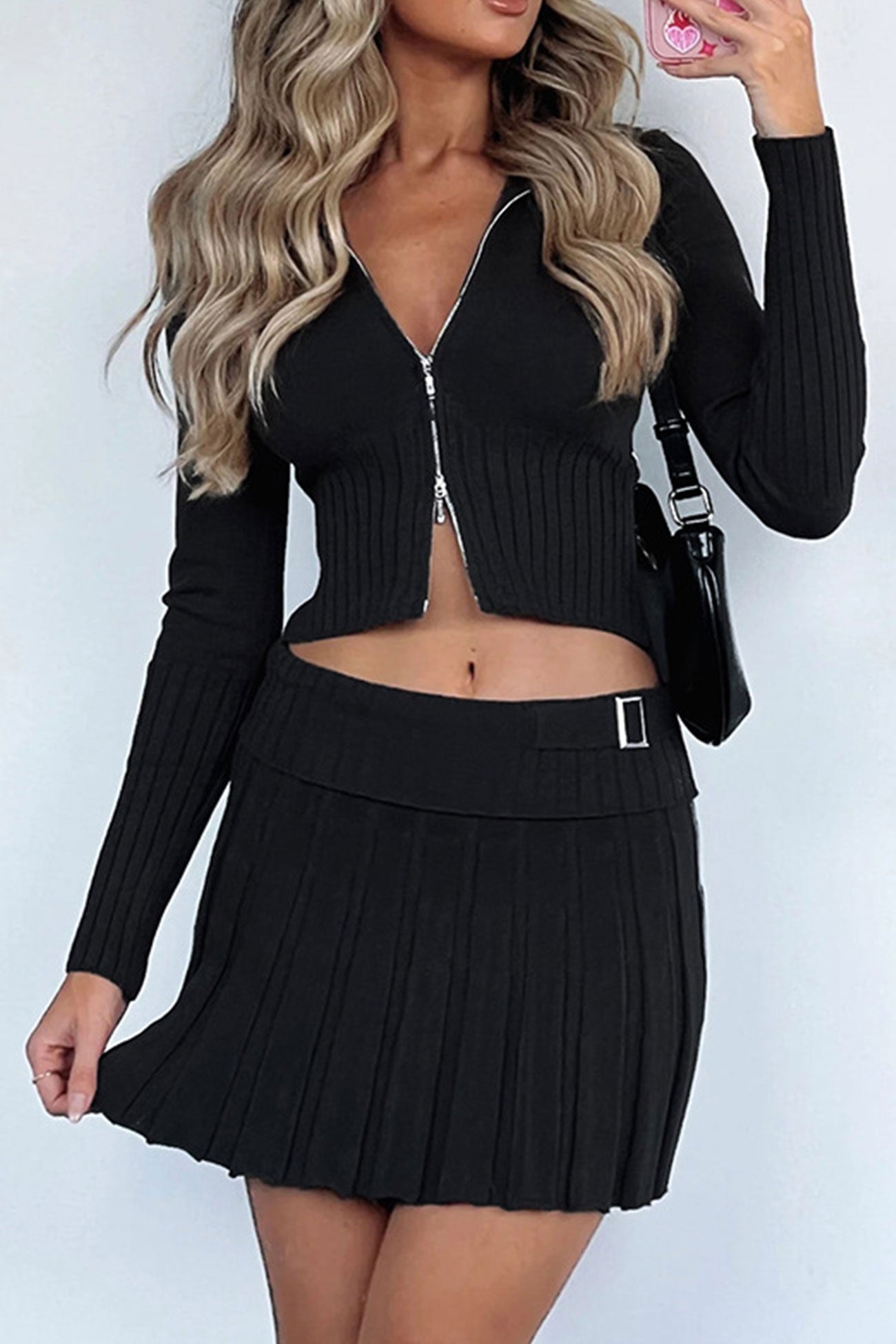 Two-way Zipper Knit Crop Top Pleated Mini Skirt Suits