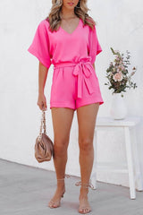 V Neck Short Sleeve Tie-waisted Rompers