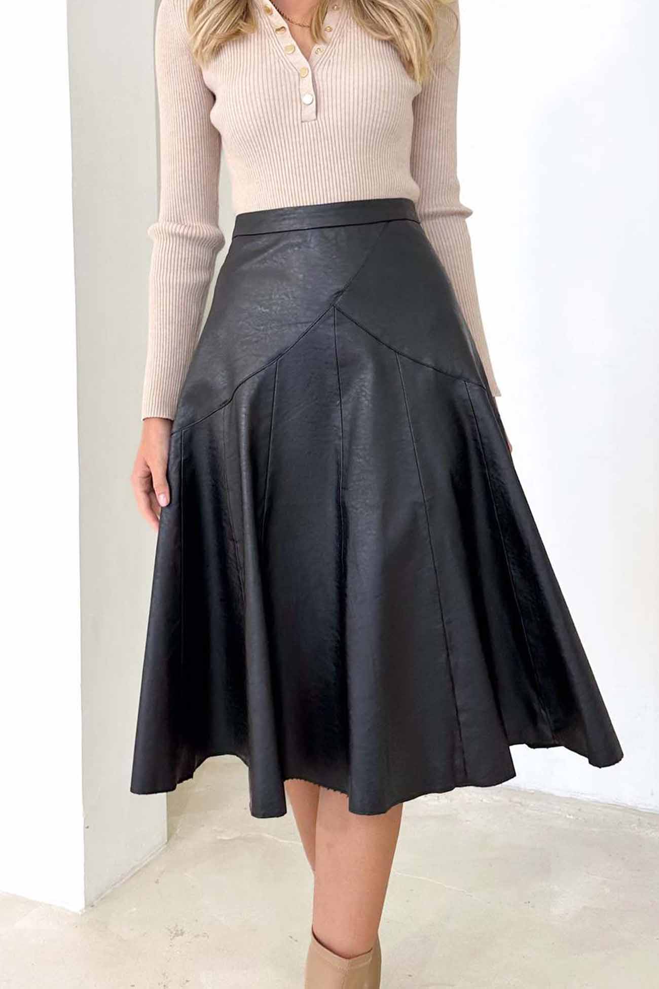 Leather High Waist Pleated Midi Skirt