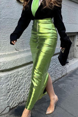 High Waist Metallic Zipper Slit Midi Skirt