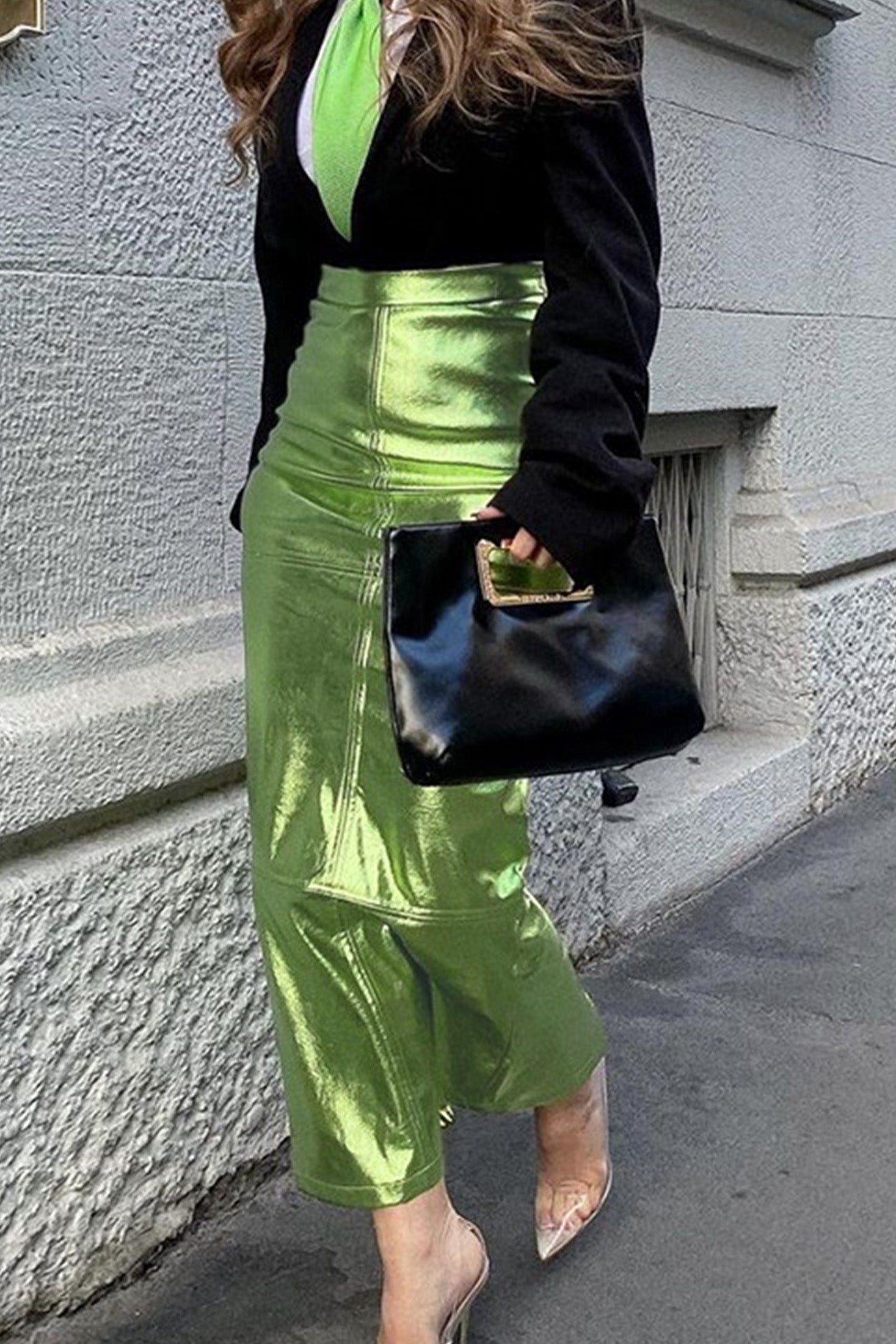 High Waist Metallic Zipper Slit Midi Skirt