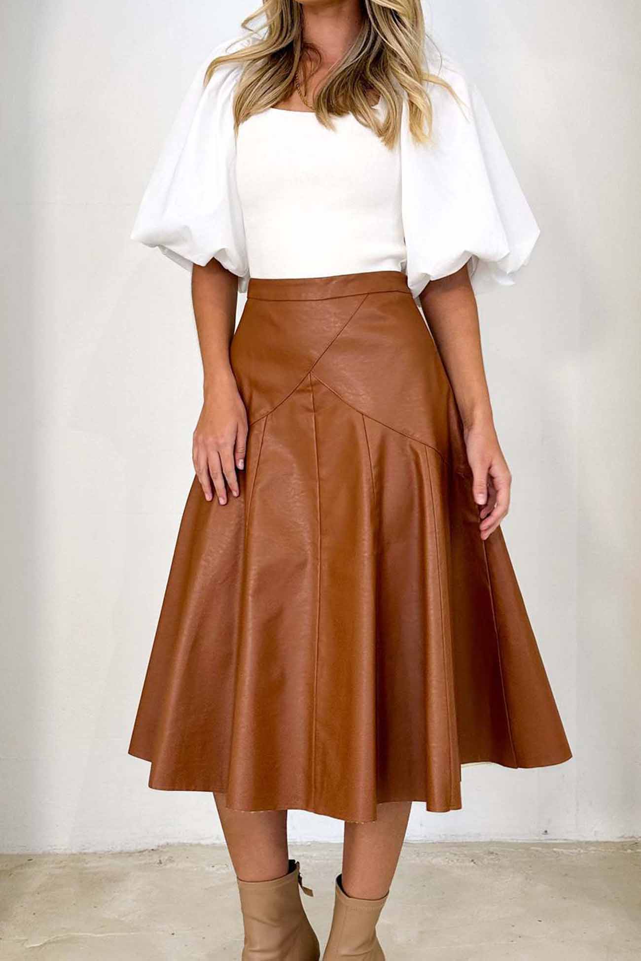 Leather High Waist Pleated Midi Skirt