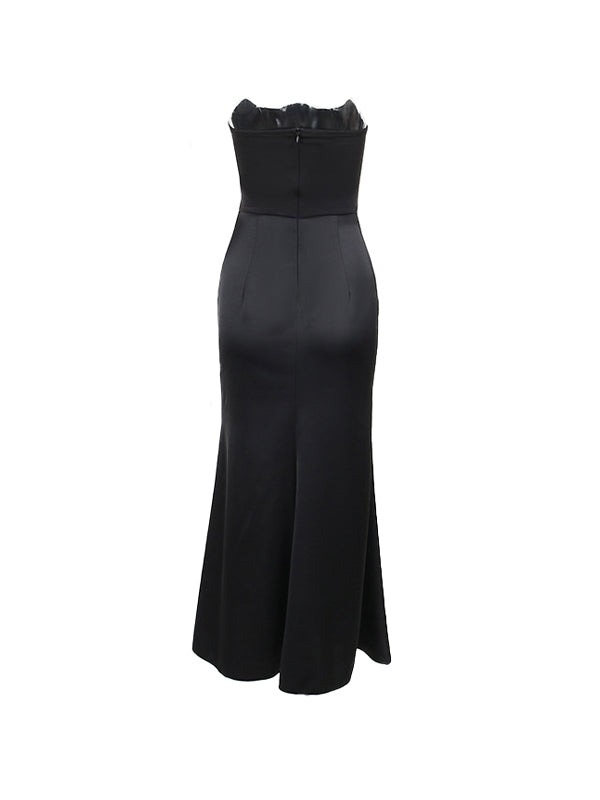 Vintage Satin Bandeau Splice Slim Maxi Dress with Corset Ruched