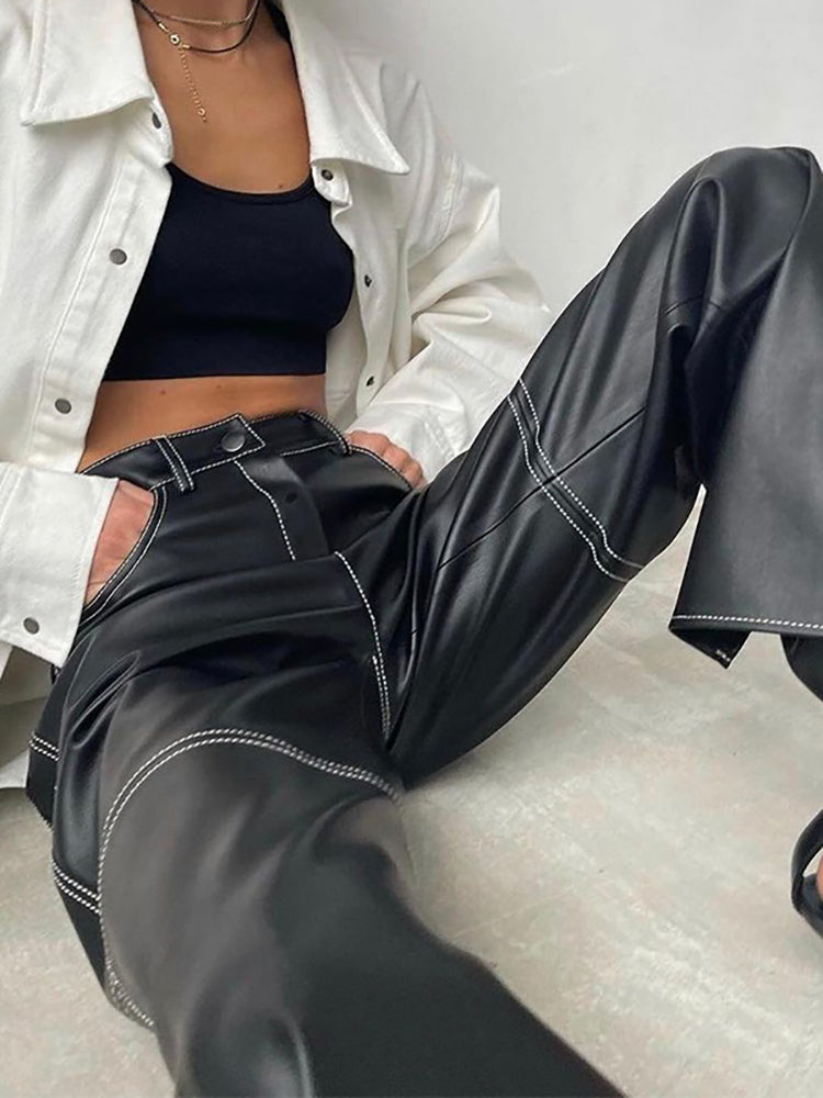 PU Leather Straight Pants Black High Waist Fashion Vintage Long Pant For Women Autumn Style 2024 Trousers Streetwear Y2KChristmas Gifts