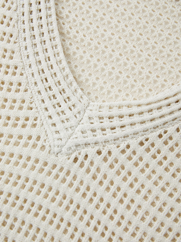 White Vintage Cutout Loose Long Sleeve Knit with V Neck