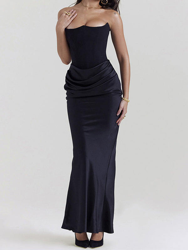 Vintage Satin Bandeau Splice Slim Maxi Dress with Corset Ruched