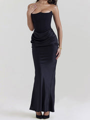 Vintage Satin Bandeau Splice Slim Maxi Dress with Corset Ruched