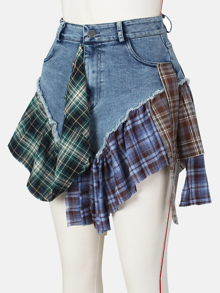 Denim Patchwork Graceful Plaid Shorts