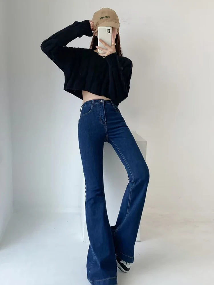 Taruxy Flare Jeans Women Summer Streetwear Bodycon Long Denim Pants  Blue Elastic Fashion Y2K Trousers High Waisted JeansChristmas Gifts