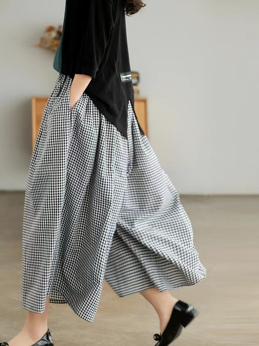 2024 New Fashion Elegant Retro Cotton Linen Plaid Casual Wide Leg Pants