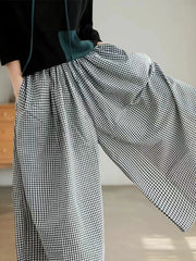 2024 New Fashion Elegant Retro Cotton Linen Plaid Casual Wide Leg Pants