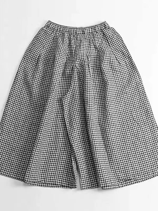 2024 New Fashion Elegant Retro Cotton Linen Plaid Casual Wide Leg Pants