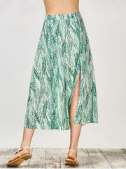 Trendy Leaf Print Slit Chiffon Midi Skirt