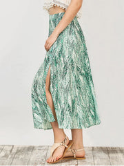 Trendy Leaf Print Slit Chiffon Midi Skirt