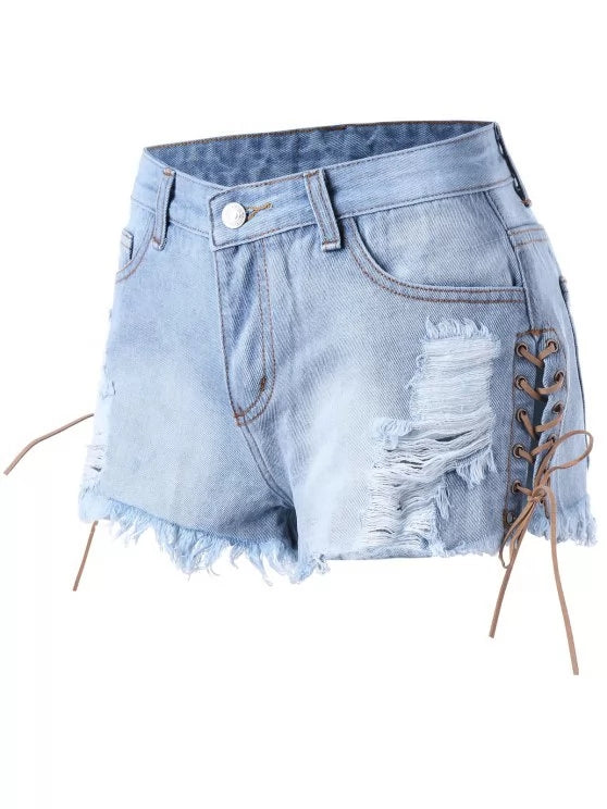 Trendy Lace Up Ripped Frayed Denim Shorts