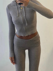 New Knitted Hoodie Cropped Top And Pants Sets White Y2k Casual Outfits Low Waist Knit Two Piece Sets For Women TracksuitChristmas Gifts