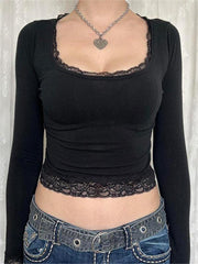 Black Square Neck Long Sleeve Crop Top with Lace Trim
