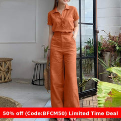 business casual outfits Women's Fashion Suit Women's Lapel Cotton Linen Solid Color Short Sleeve Pocket Wide Leg Pants