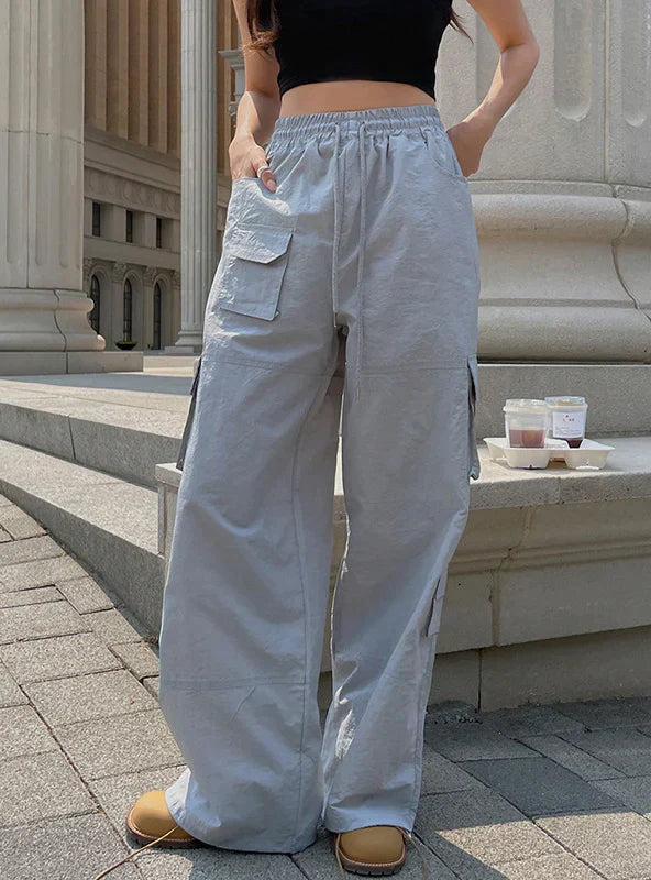 MULTI-POCKET ELASTIC HIGH WAIST LOOSE STRAIGHT PANTS