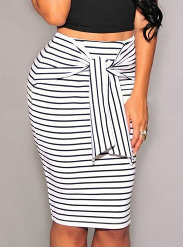 Women Skirt Striped Bow-Tie Zipper Knee-Length Pencil Skirts