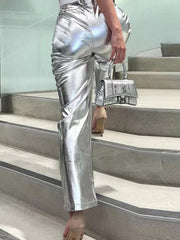 Silver PU Pants Women 2023 Fashion High Waist Loose Wide Leg Pants Girls Clubwear Party Streetwear Femme Long Pant Autumn