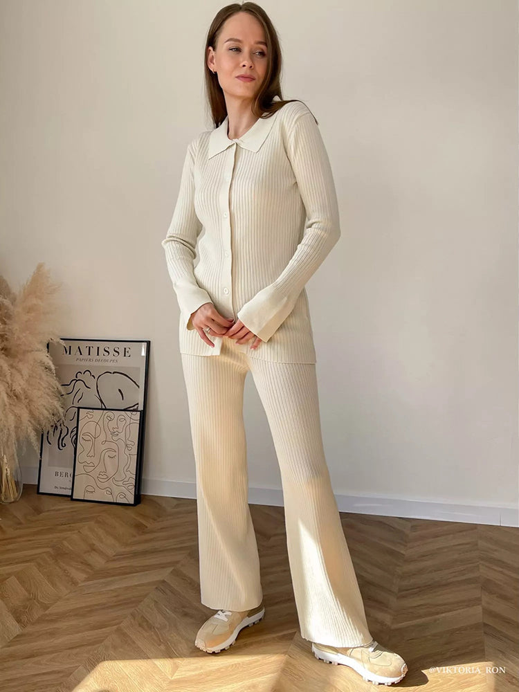 Taruxy OL Homewear Leisure Knitted Suit Women Autumn Long Sleeve Shirts And Wide Legs Pants Suit Casual Two Piece Sets Outfits