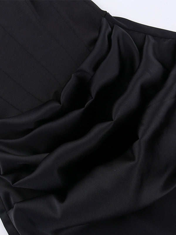 Vintage Satin Bandeau Splice Slim Maxi Dress with Corset Ruched
